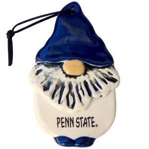 ceramic gnome ornament with navy hat and shoes and Penn State on body